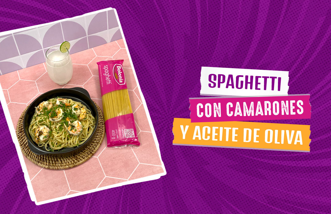 Spaghetti con camarones y aceite de oliva